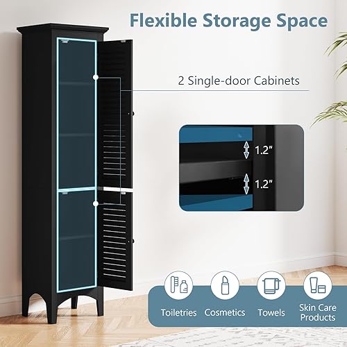 Miniatura 5 de Giantex Gabinete de almacenamiento alto para baño, gabinete de piso estrecho independiente con puertas, estantes de 5 niveles (1 altura ajustable),