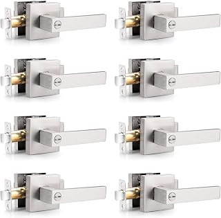 Probrico Heavy Duty Brushed Nickel Privacy Door Levers - Keyless Square Handles for Bedroom Bathroom, Easy Install 8 Pack Modern Lockset