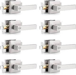 Probrico Interior Brushed Nickel Door Handle, Heavy Duty, Flat Square Privacy Door Handles, Keyless Door Levers Lockset for Bedroom and Bathroom (8 Pack, Modern)