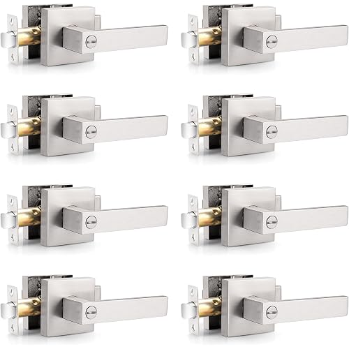 Probrico Interior Brushed Nickel Door Handle, Flat Square Privacy Door Handles, Heavy Duty Zinc Alloy Door Levers for Bedroom and Bathroom (8 Pack)