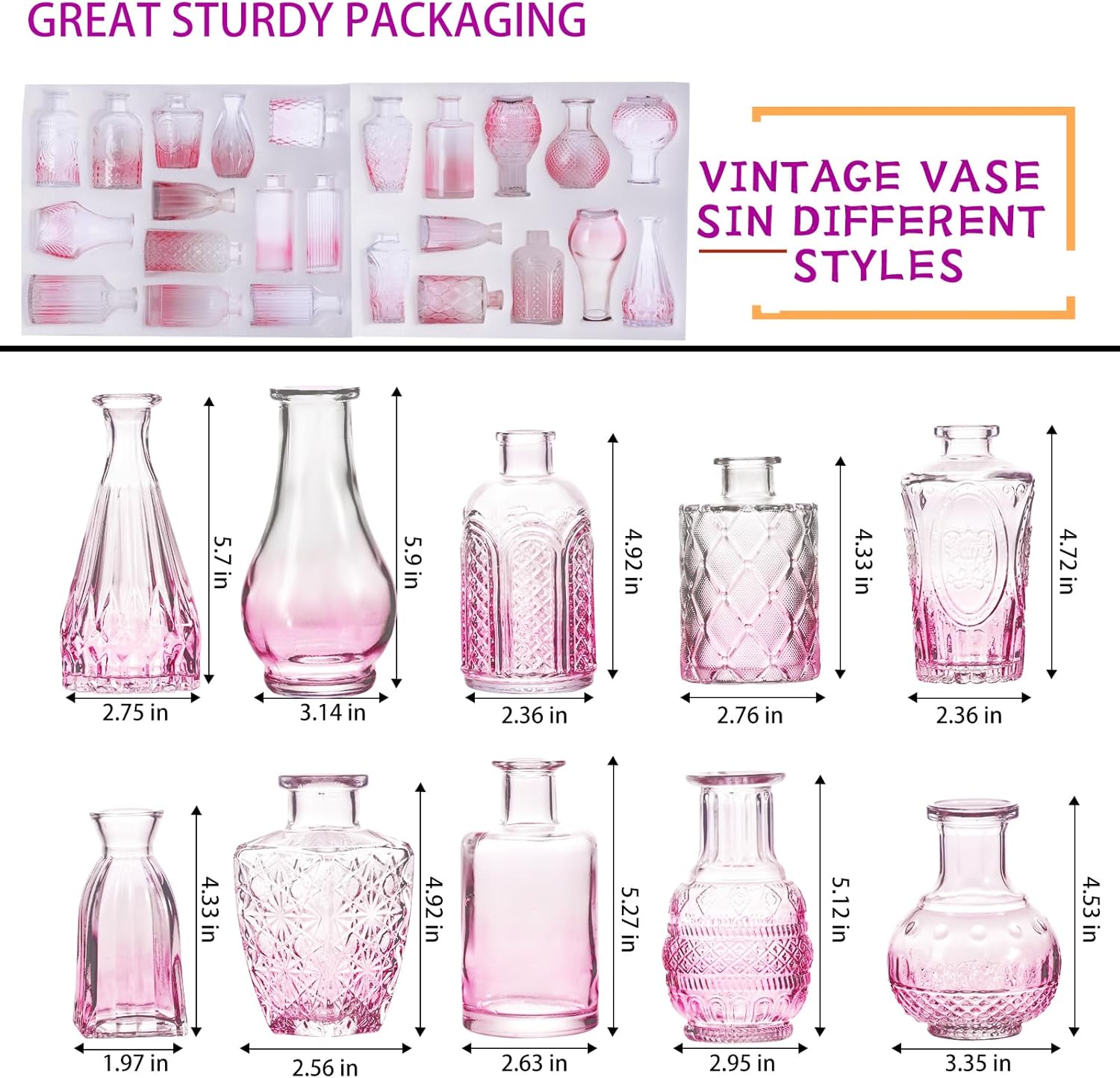 Ollieroo 24Pcs Glass Bud Vases Set, Small Pink Vases in Bulk for Flowers Arrangements, Floral Vintage Rustic Vase for Wedding Party Centerpiece Table Decorations, Entryways, Home