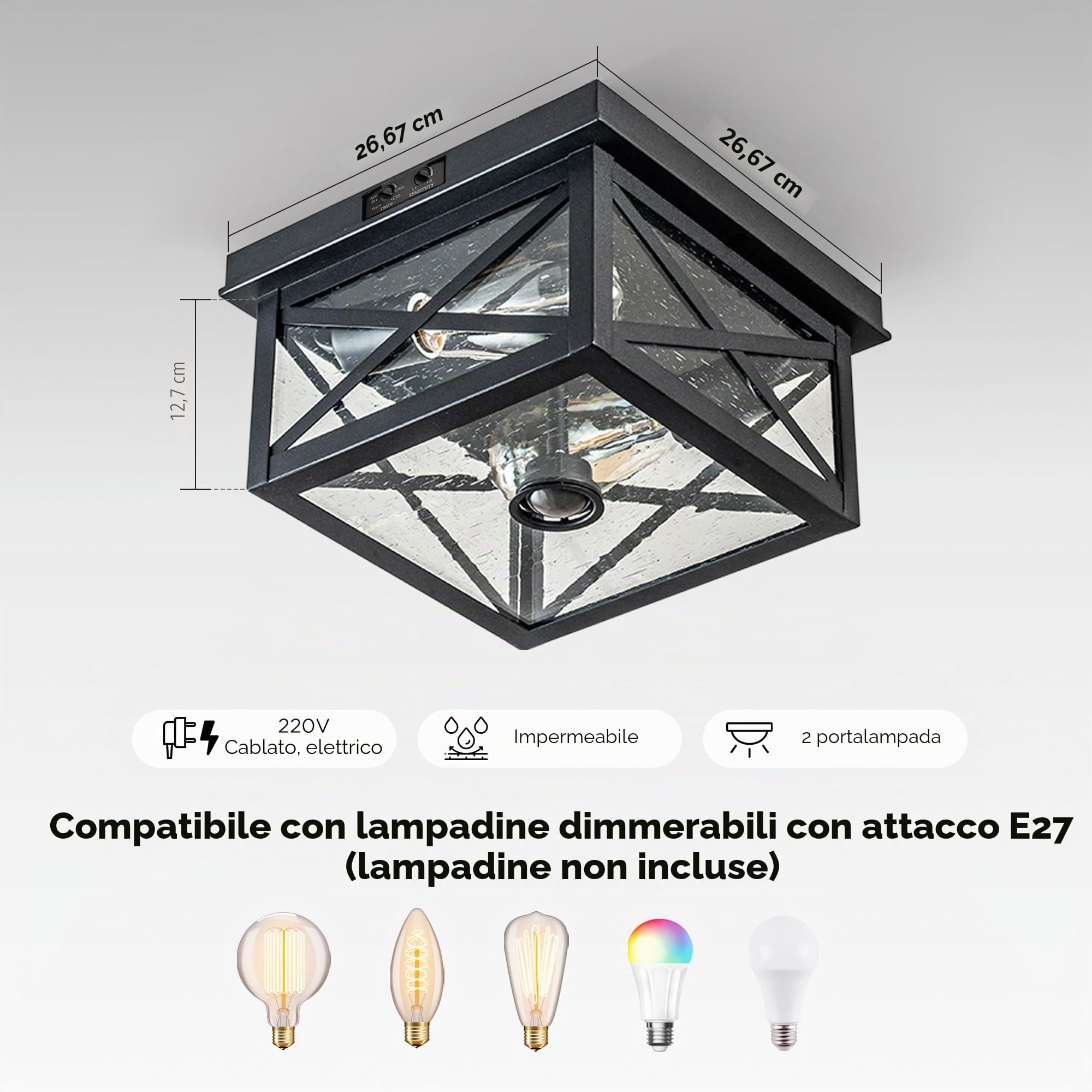 FTL Plafoniera Esterno con Sensore di Movimento, Portico Lampada da Soffitto Sensore Crepuscolare con Vetro a Bolle, E27 Nero Esterno Luce Sensore Movimento a 2 Luci per Garage Giardino, Impermeabile