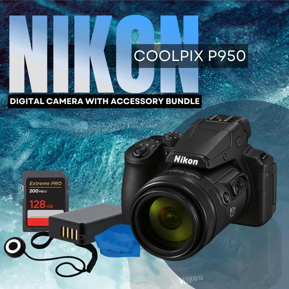 Nikon COOLPIX P950 Digital Camera with Accessory Bundle: SanDisk 128GB Extreme Pro SDXC Memory Card, Extended Life Replacement Battery (1500mAh) & More (11pc Bundle)