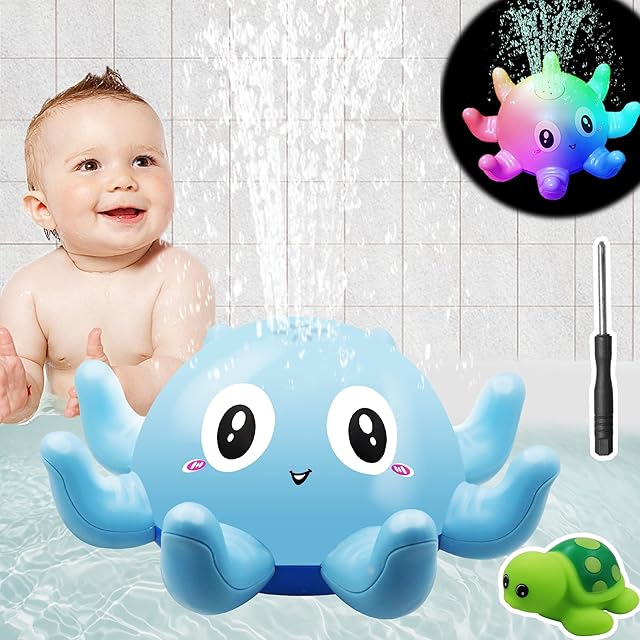 Baby Light Up Bath Toys, KINSI Octopus Induction Water Spray Bathly Sprinkler Toy, for Kids Swimming Led Bath Tub Toy, Toddler Infant Bathtub Toy with Rubber Turtle Girls Boys Bathtime