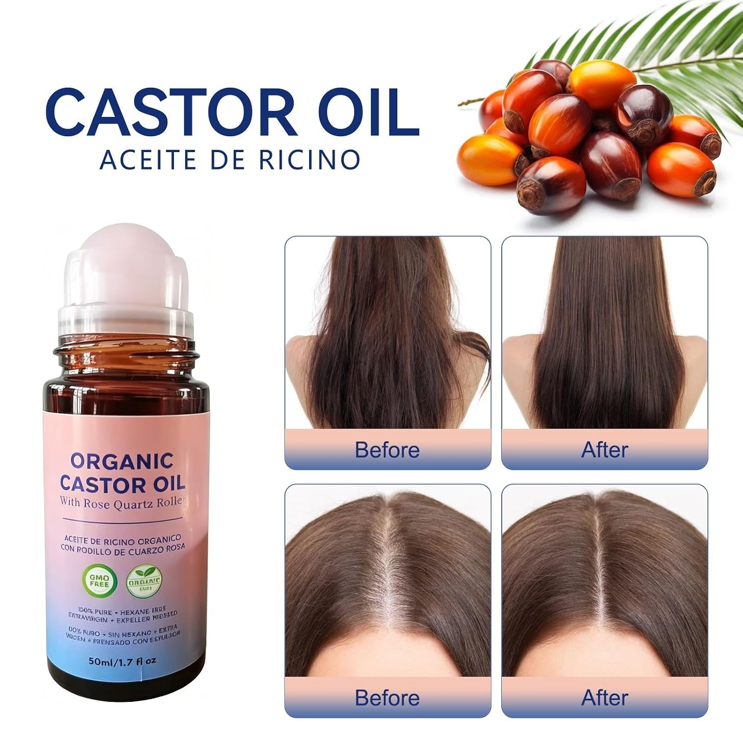 Organic Castor Oil with Rose Quartz Roller, 100% Pure Cold-Pressed Formula for Skin Moisturizing & Hair Care, Hexane-Free. 1.7 Fl Oz (1Pcs)