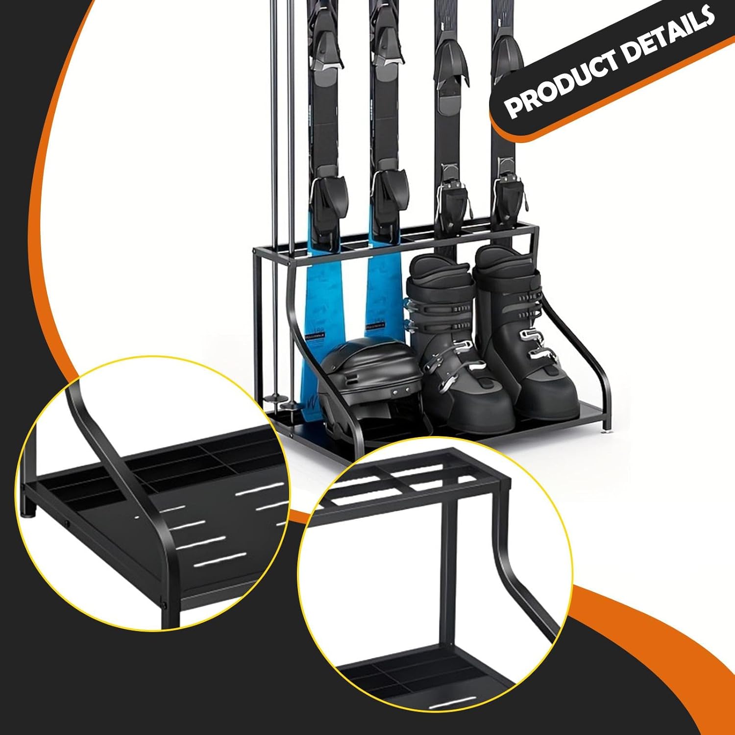 pistro Freestanding Ski Storage Rack for Garage, Heavy Duty Carbon Steel Floor Stand Holds 4 Pairs of Skis, Poles, Boots & Helmets