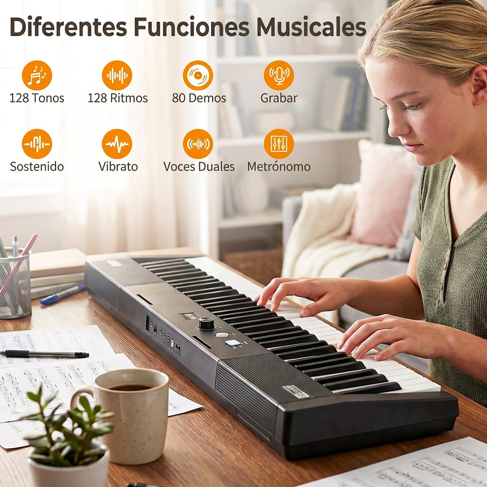 COSTWAY Teclado de Piano Digital de 61 Teclas para Principiantes, Teclado Eléctrico con Soporte Ajustable y Banqueta, 128 Ritmos y 128 Tonos, 80 Demos, Instrumento Musical para Niños y Adultos