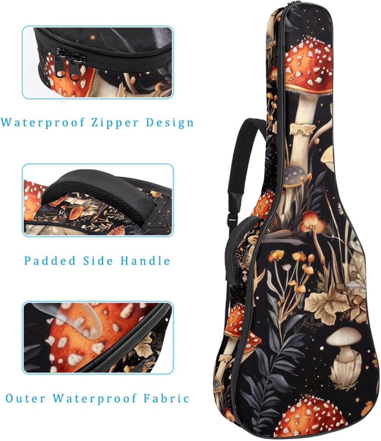 Acoustic Guitar Bag 0.4 Inch Thick Padding Waterproof Guitar Case Gig Bag for 40 41 42 Inch Electric Bass Classical Guitar, Vintage Mushroom and Floral Retro Dark Pattern