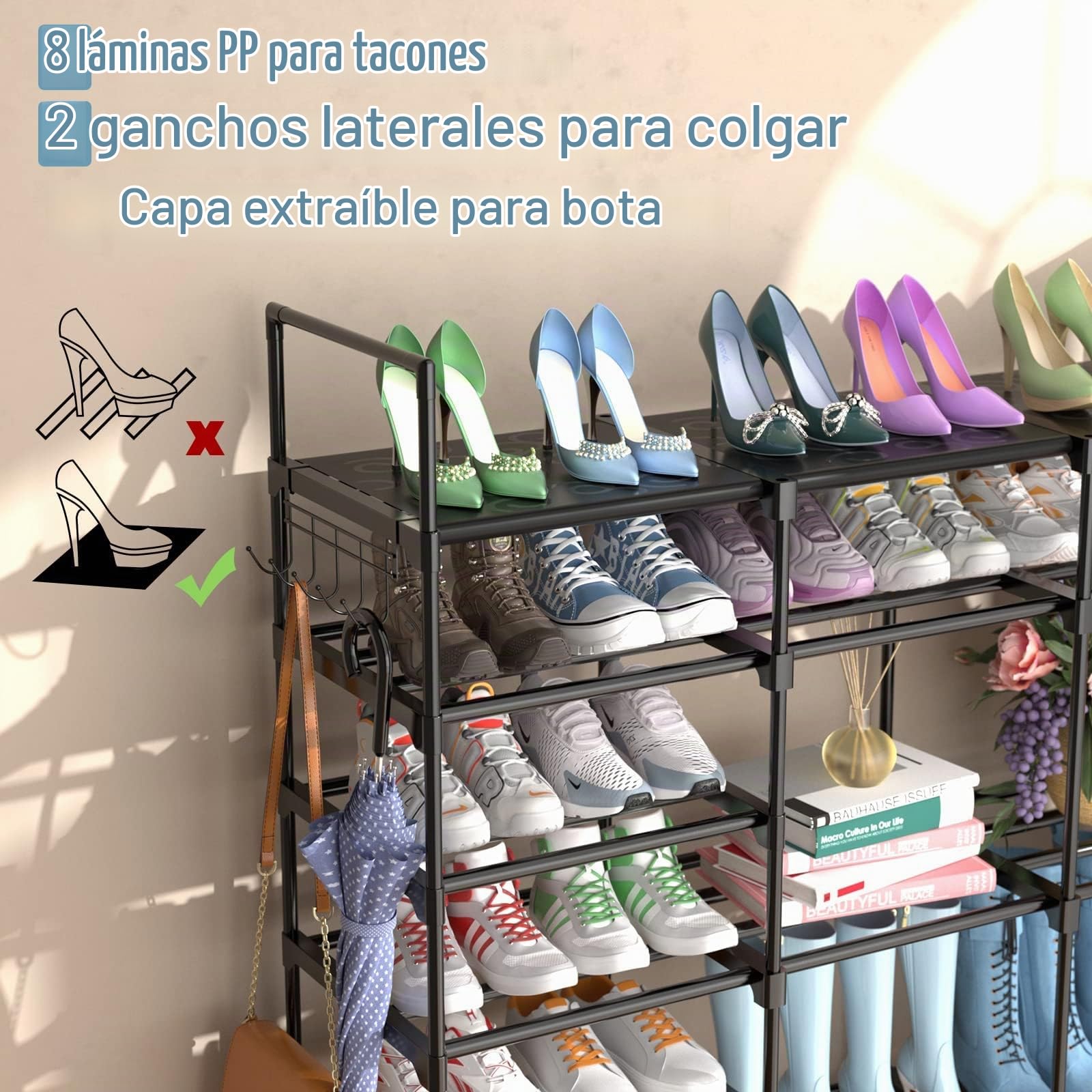 Finew Zapatero de 9 Niveles, estantes de Metal para Zapatos, Zapatero Grande para 64-72 Pares de Zapatos, 4 Filas de estantes de pie con Ganchos, para salón, vestidor y Pasillo