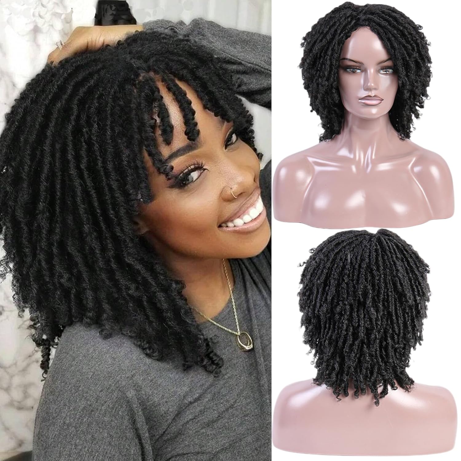 Dreadlock Crochet Twist Hair Wigs for Black Women Short Faux Locs Braided Crochet Synthetic Hair Wig with Curly Ends #1B