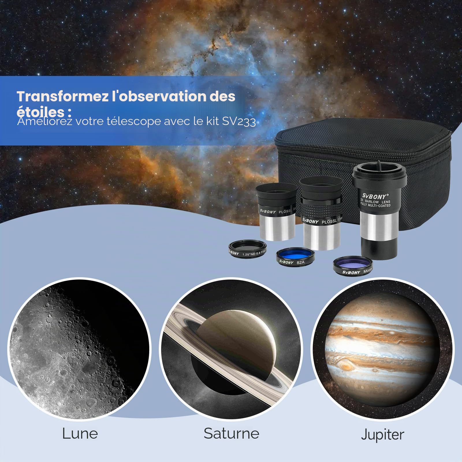 Svbony SV233 Oculaire Télescope Astronomique Kit, PLOSSL 6 mm, 17 mm Oculaire, 2X Lentille de Barlow, Lunaire, ND4, 82 A Couleur Filtre, Un Sac Portable, pour L'observation des Planètes