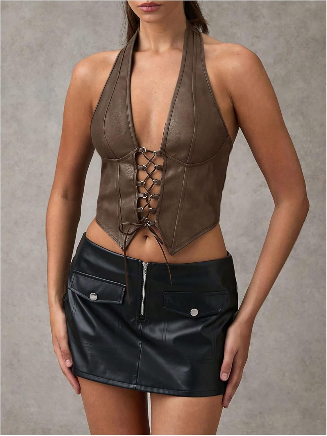 SOLY HUX Women's PU Leather Halter Top Lace Up Sleeveless Backless Y2k Crop Tank Tops - Image 3