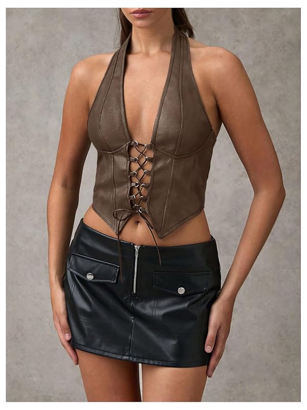 SOLY HUX Women's PU Leather Halter Top Lace Up Sleeveless Backless Y2k Crop Tank Tops Solid Brown Medium by SOLY HUX - Image 3