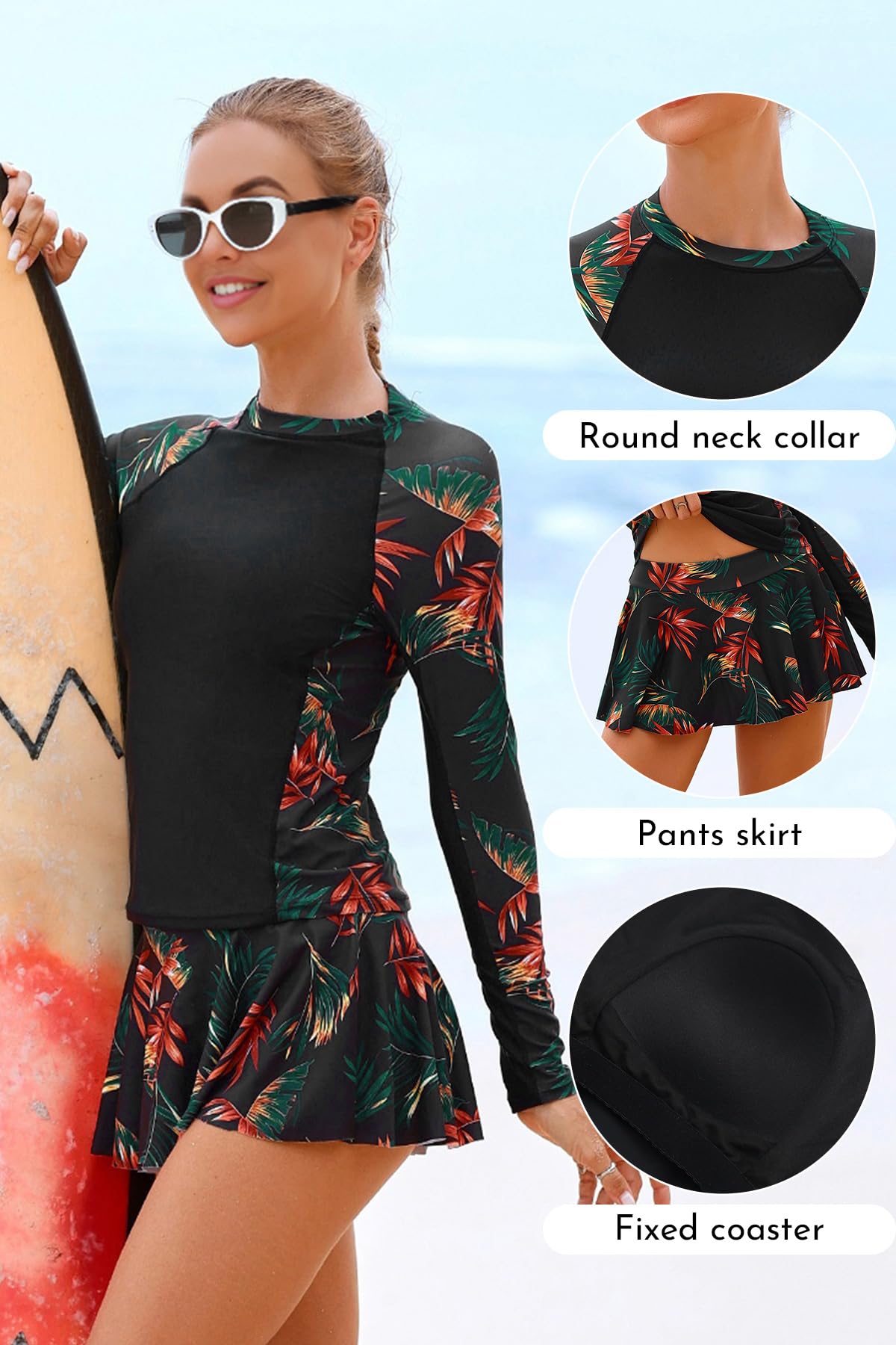 SHEKINI Damski dwuczęściowy zestaw Rash Guard z długim rękawem UPF 50+, wyszczuplający brzuch, sukienka kąpielowa z szortami typu tankini rashguard, moda kąpielowa dla kobiet
