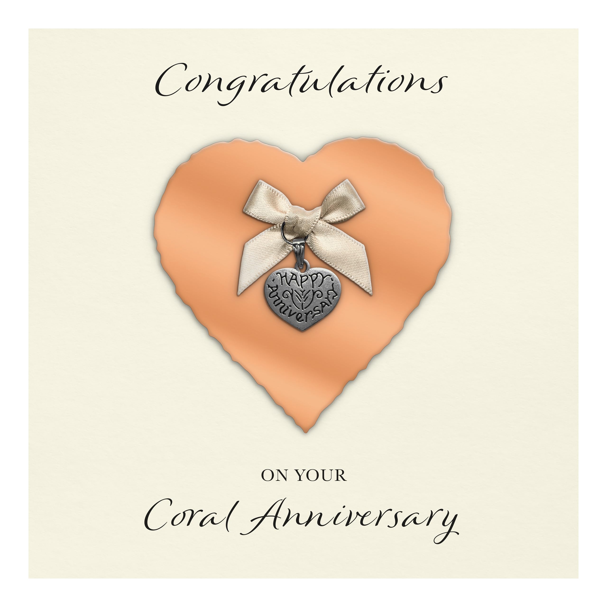 Coral 35th Anniversary Card "Heart Charm & Bow" - Handmade UK (Coral Heart/Ivory Bow, Ivory Cardstock)