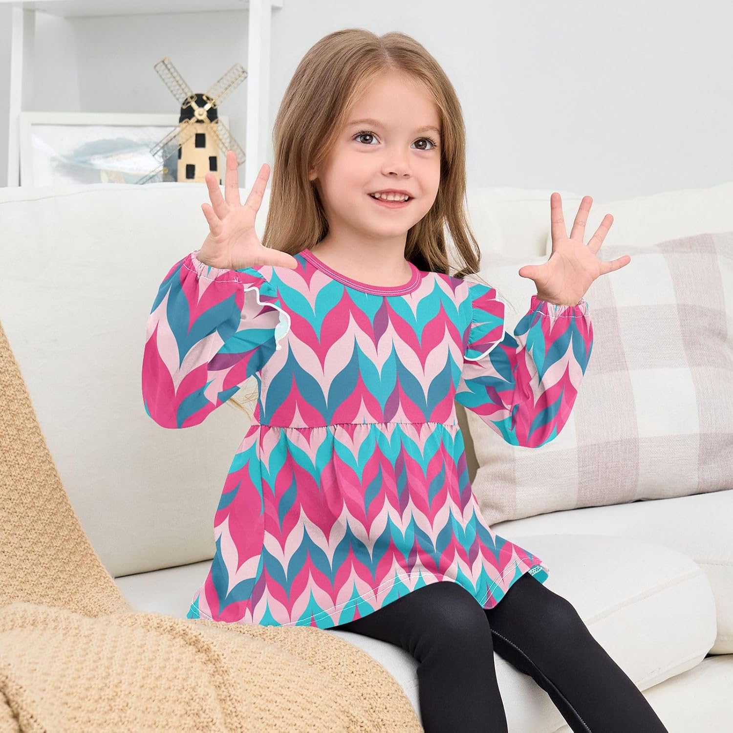 visesunny Toddler Clothes for Girls Geometric Powder Blue Fishtail Long Sleeve Fall Shirts Cotton Top with Ruffle Collar