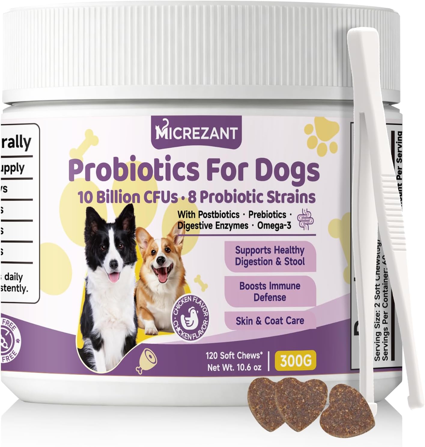 Probiotics for Dogs with Feeding Tweezers, 10 Billion CFUs Chews for Gut & Digestive Health, Itchy Skin & Ears, Diarrhea Relief & Immune Support with 8 Probiotic, Prebiotics, Chicken, 120 Ct/300g