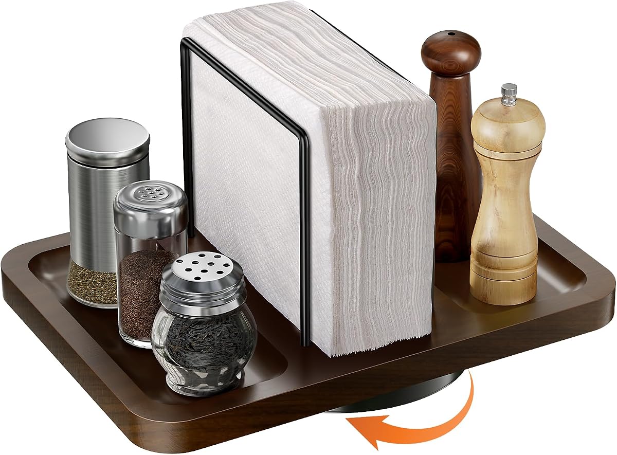 Rotating Napkin Holder for Table with Salt and Pepper Shakers Caddy | Standing Napkin Dispenser, Wood Paper Towel Holder for Bathroom Kitchen Dining Table Decor