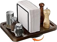 Gomyrod Rotating Napkin Holder for Table - 360° Wooden Turntable Dispenser with Salt Pepper Caddy for Kitchen Bathroom Dining