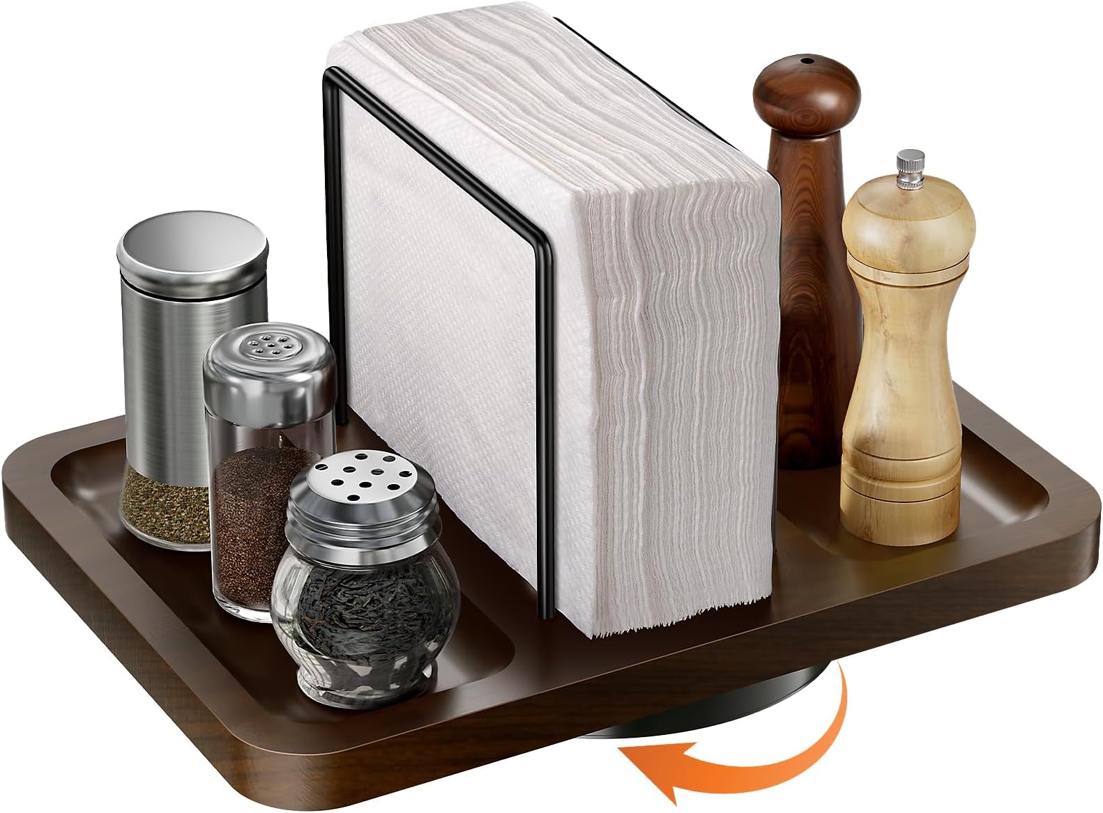 Napkin Holder for Table, Rotating Napkin Dispenser with Salt and Pepper Shakers Caddy, Standing Paper Towel Holder for Bathroom Kitchen Dining Table Decor