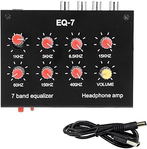 EQ-7 Mini 7 Band Equalizer and Headphone Amp, RCA 3.5mm Input | TL074 and NE5532 chips, level knobs, 16 to 600 ohm drive, for home audio, speaker, and gaming setups.