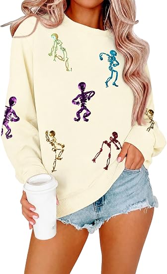 Halloween Sweatshirt Women Spooky Season Sweaters Sequin Skeleton Shirt