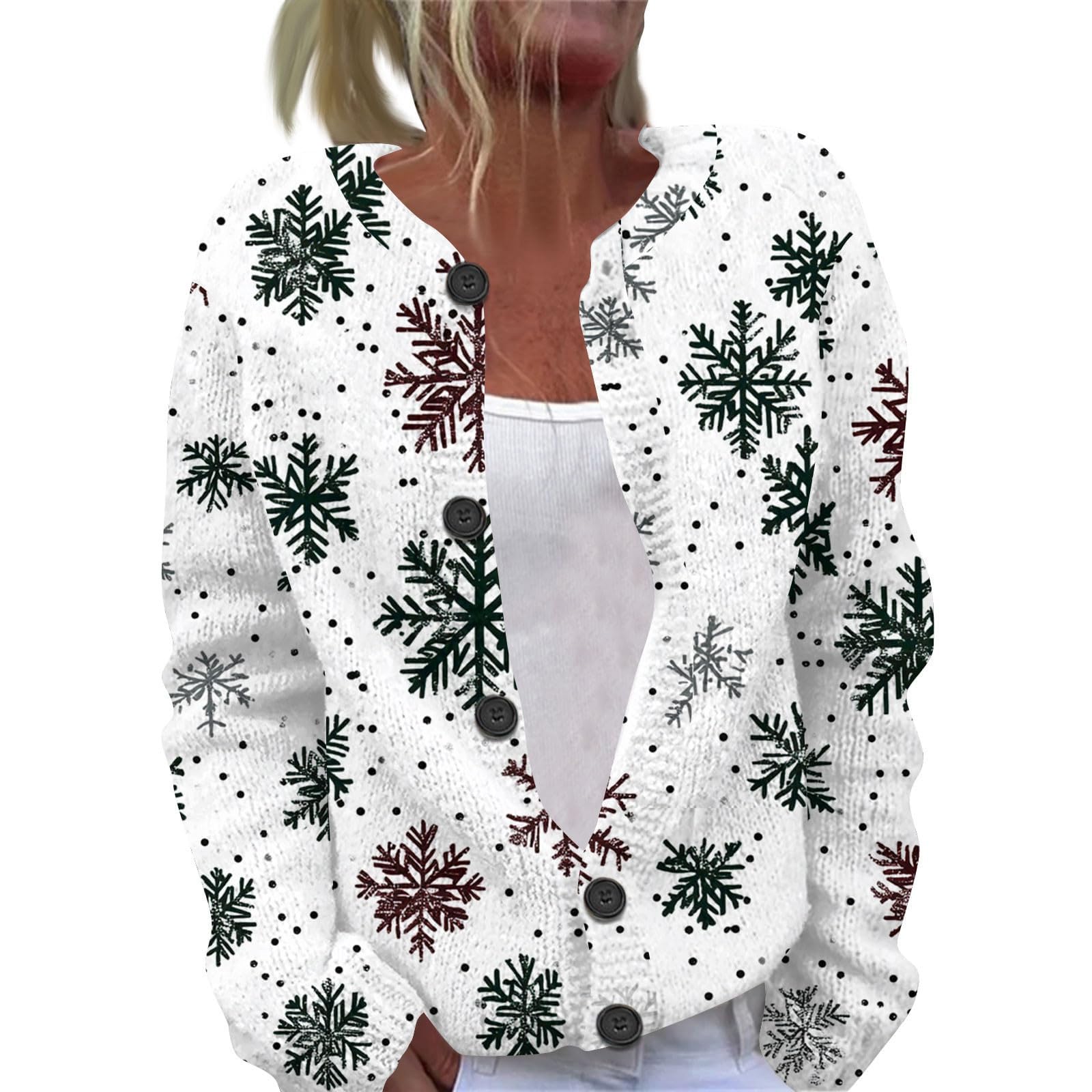 Womens Christmas Sweaters Ugly Plus Size Print Button Up Cardigan Sweaters Winter Warm Cozy Cable Knit Coats