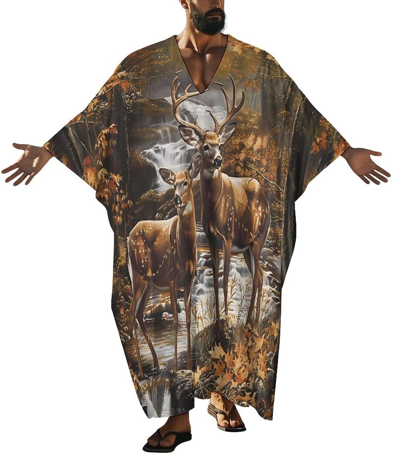 Camouflage Deer Men's Kaftan Thobe V-Neck Long Gown Loose Robe