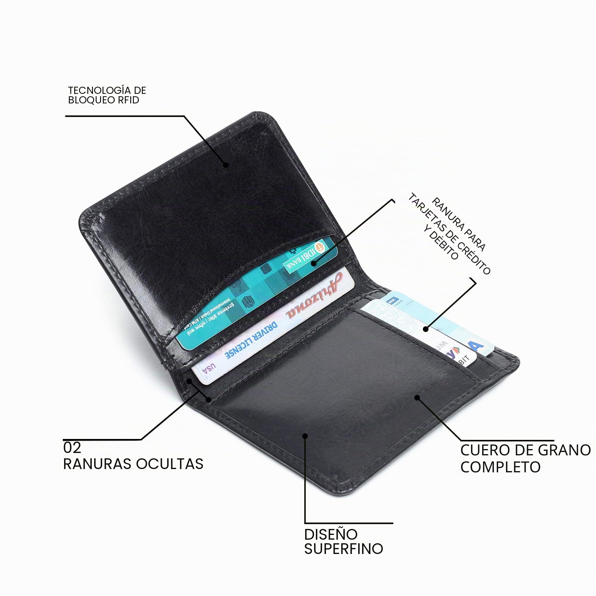 FOXHACKLE Cartera de Cuero para Tarjetas de crédito para Hombres y Mujeres, Cartera Delgada y Plegable con Bloqueo RFID, Bolsillo Frontal Delgado, Cartera Minimalista para Tarjetas, Black, Talla