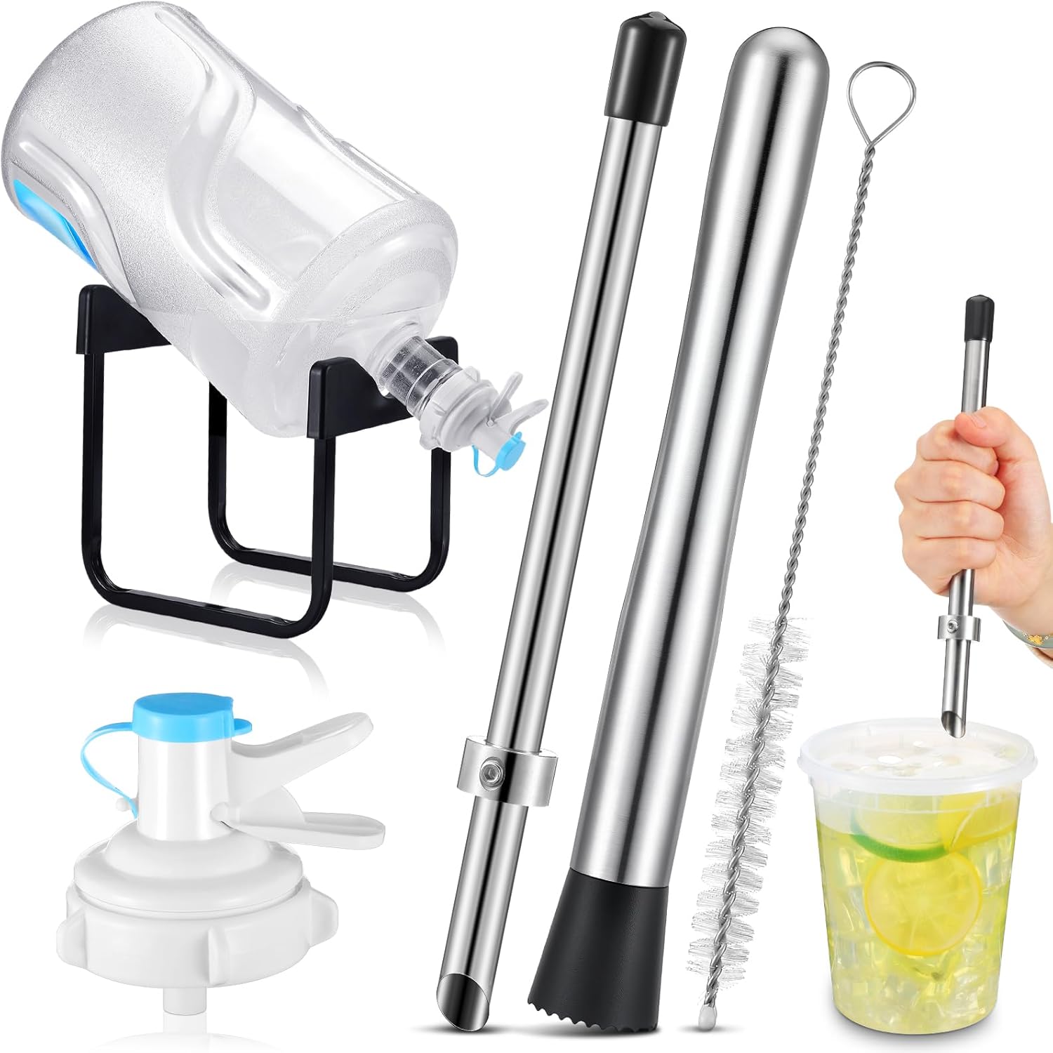 Chunful Lemonade Stand Supplies Include Stainless Steel 3-5 Gallon Water Jug Stand, Dispenser Valves, Straw Brush, Straw Puncher for Plastic Lids Lemonade Cups with 9.8 Inch Stainless Steel Muddler
