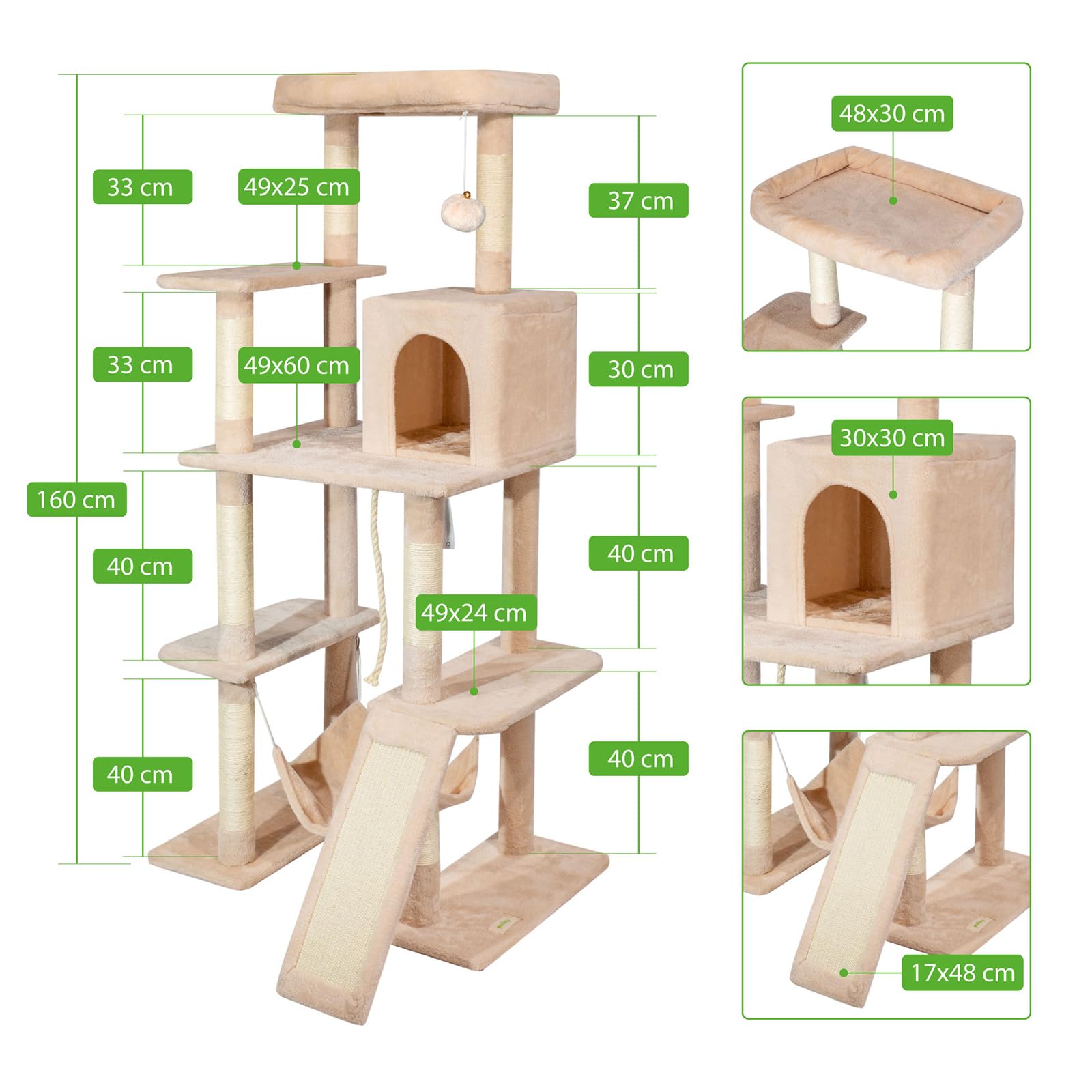 Árbol de Gato XL, rascador para Gatos, 1 Percha, 1 nicho, 1 Hamaca, Pelota, columnas de sisal, Peluche, Altura 160 cm, Color Beige, garantía de 5 años