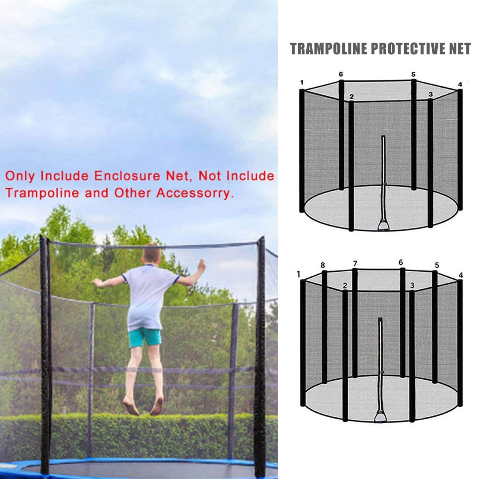 Red de repuesto para cama elástica – Red de protección para camas elásticas, red de nailon para trampolín | Red de repuesto resistente a la intemperie, soportes arqueados con postes rectos,