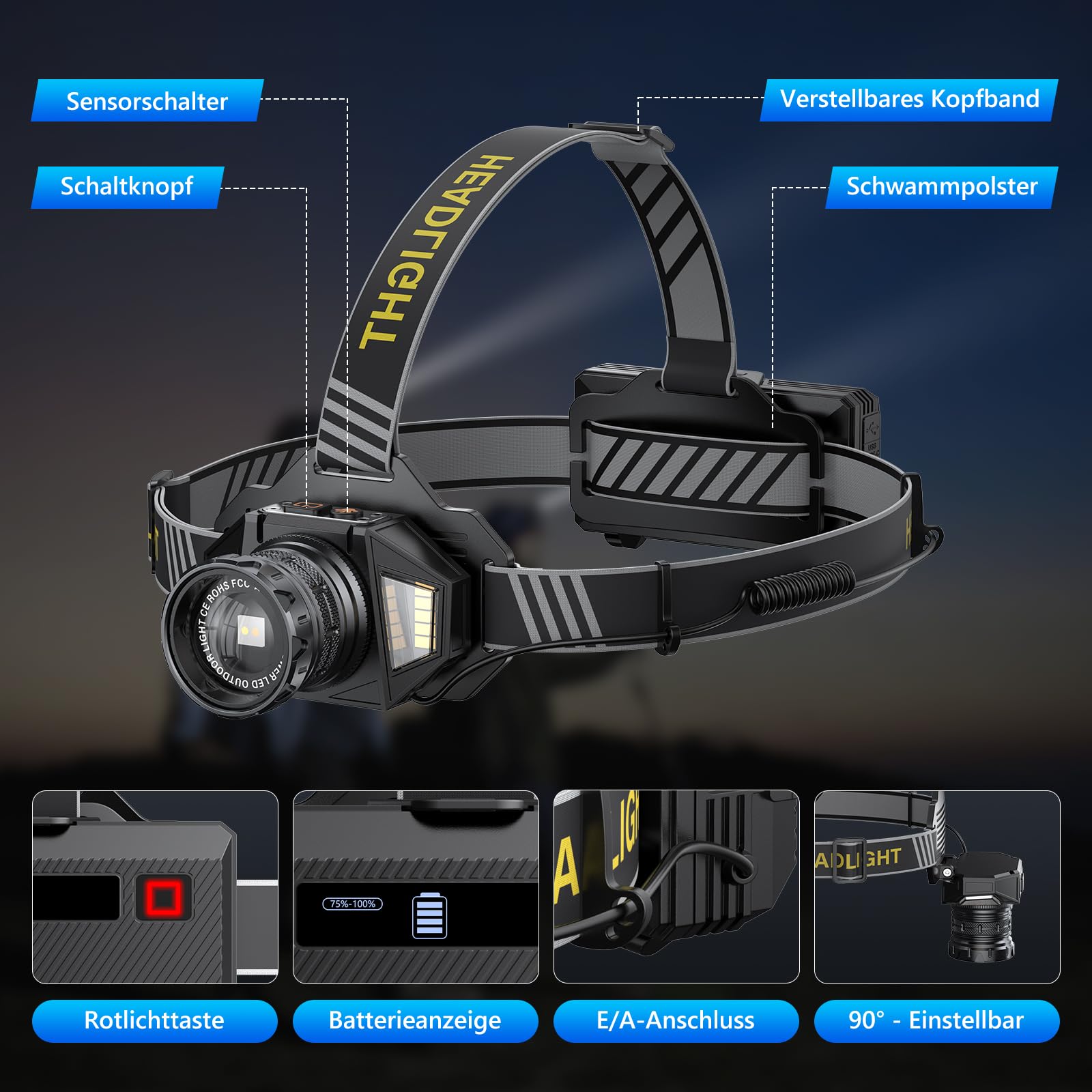 Rechargeable LED Headlamp with Red Front Torch Warning and Sensor,120000 Lumen Lampada Frontale con12 Modalità e IPX7 9000mAh Regolabile a 90°, Testa Zoomabile per Campeggio Pesca