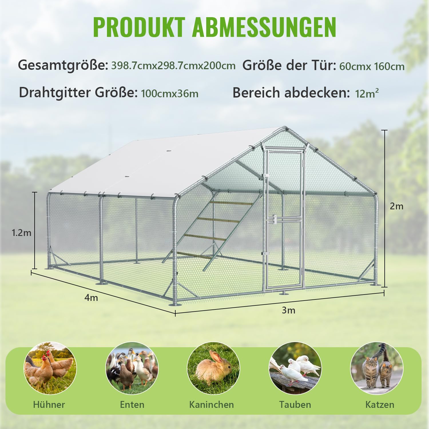 Sannwsg Großer Hühnerstall aus Metall 3x4x2m mit Dachabdeckung Hühnergehege für Garten Wetterfestes Freilaufgehege für 10 bis 20 Hühner mit Zubehör und Sitzleiter