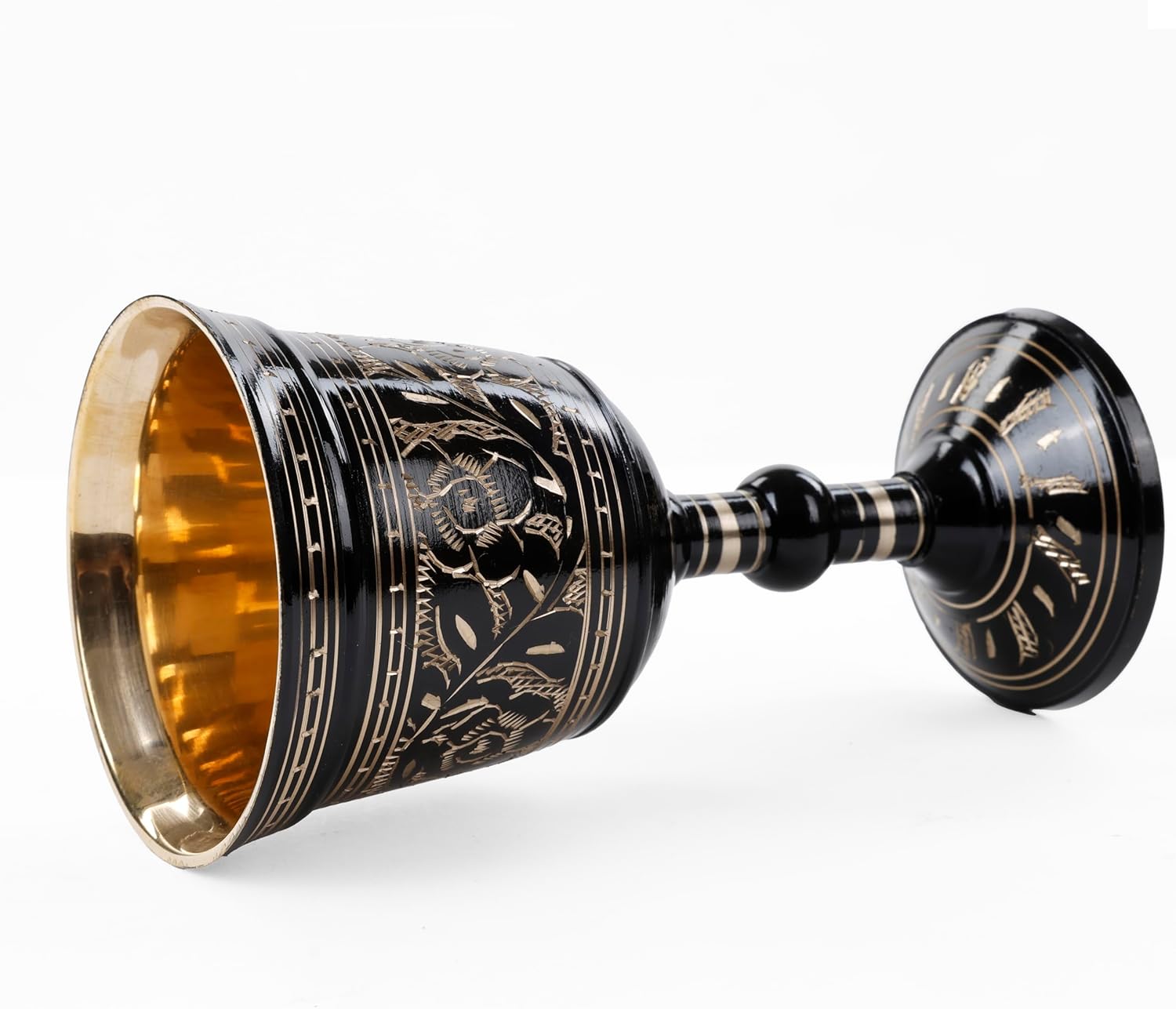Solid Brass Gothic Chalice – Handmade Embossed Medieval Wine Goblet – Black & Gold Royal Vintage Cup – Unique Decor & Drinkware – 6 Inch, Antique Floral Design