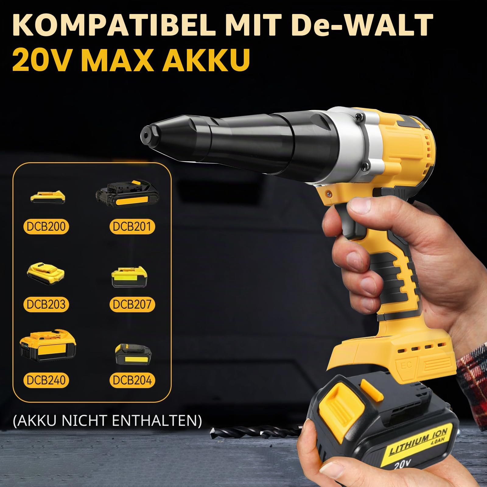 Akku-Nietpistole kompatibel mit Dewalt 18V Akku (keine Batterie), elektrische automatische Nietmutternpistolen mit 40 Nieten für 1/8 Zoll und 5/32 Zoll, bürstenloses Pop-Nietwerkzeug für Metall