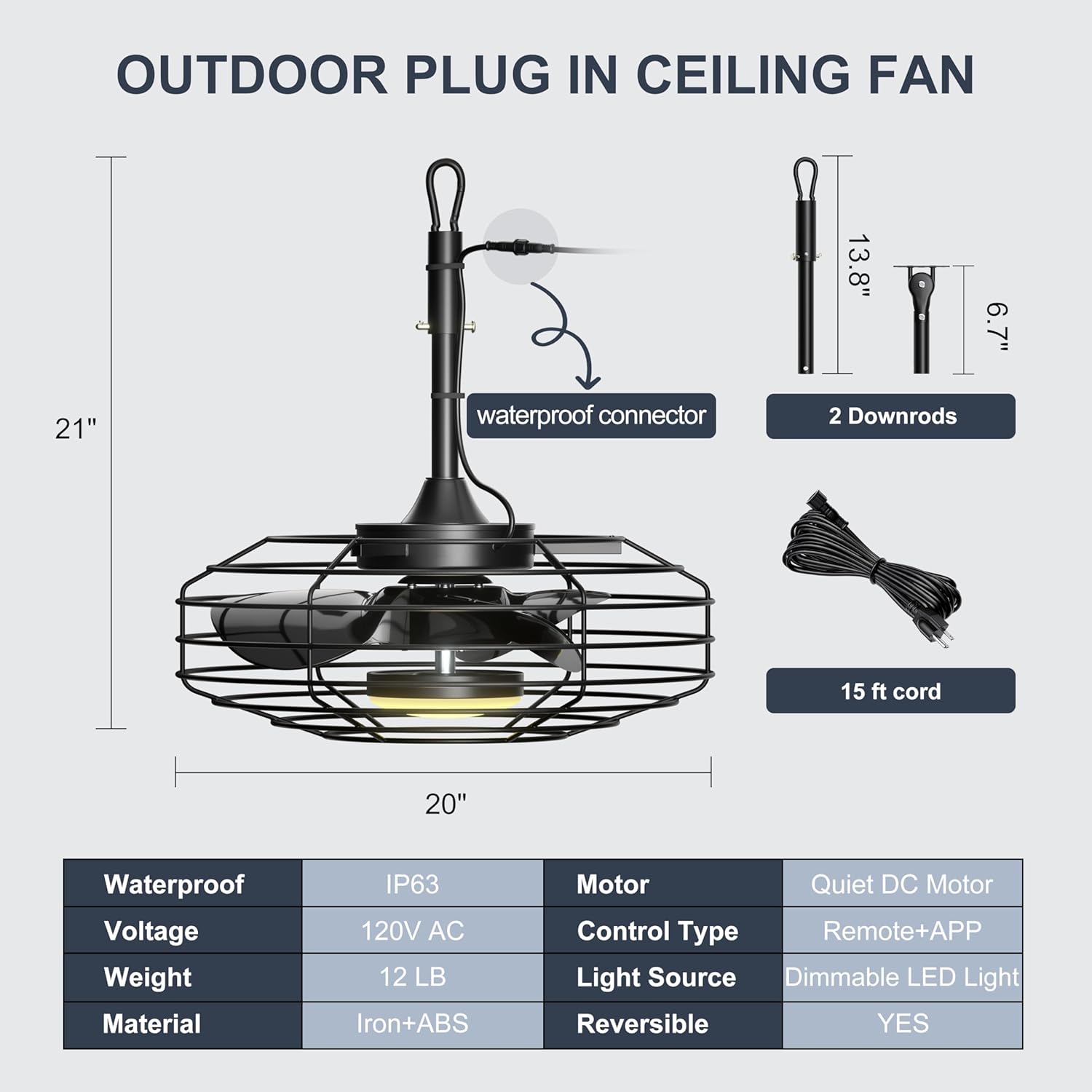 Diagram showing Coolbull Outdoor Ceiling Fan dimensions and components