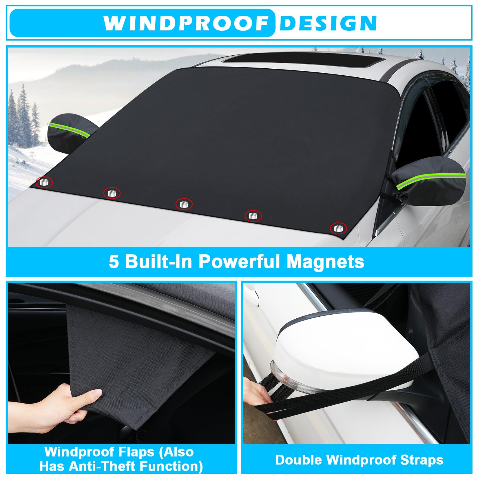 Tevlaphee Windshield Cover for Ice and Snow Heavy Duty 600D Oxford Fabric Waterproof Embedded Magnets Side Mirror Protector — view 4