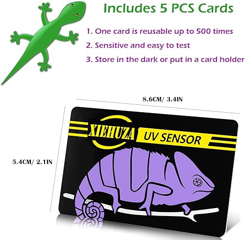 Miniatura 2 de Paquete de 5 tarjetas con sensor de prueba UVB rápida, probador reutilizable UVB para reptiles, bombilla de calefacción, indicador de tarjeta UVB