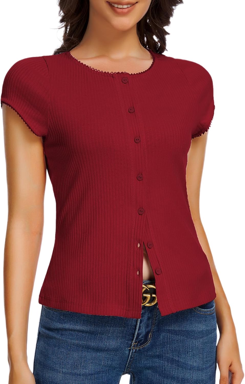 Tops for Women Dressy Casual - Crewneck Ribbed Knit Shirts Button Up Trendy Y2K Going Out Top Fashion Clothes