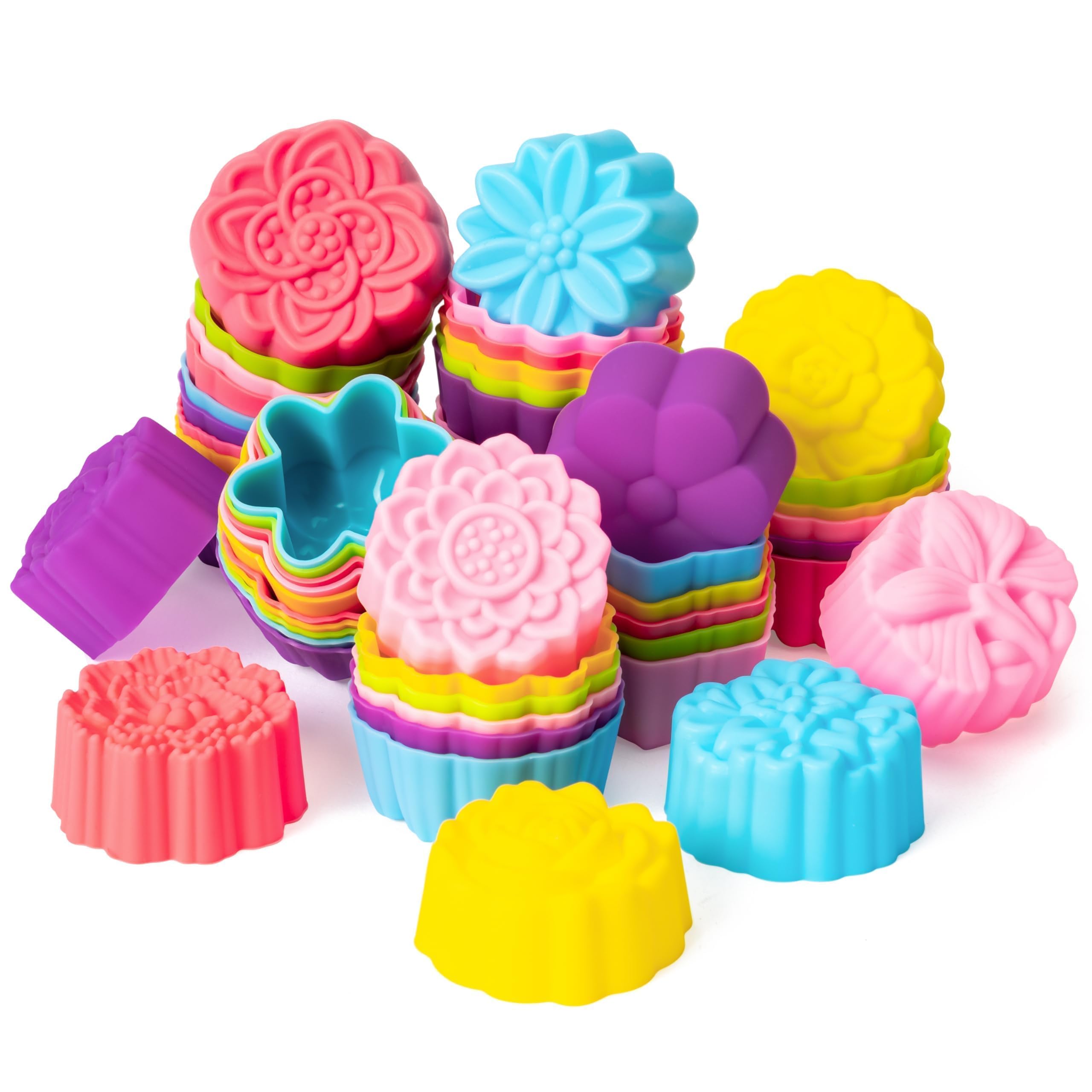 R HORSE Cupcake-Förmchen aus Silikon, bunt, Blumenform, antihaftbeschichtet, wiederverwendbar, Muffinförmchen für Pfanne, Backofen, Mikrowelle, Geschirrspüler, 60 Stück