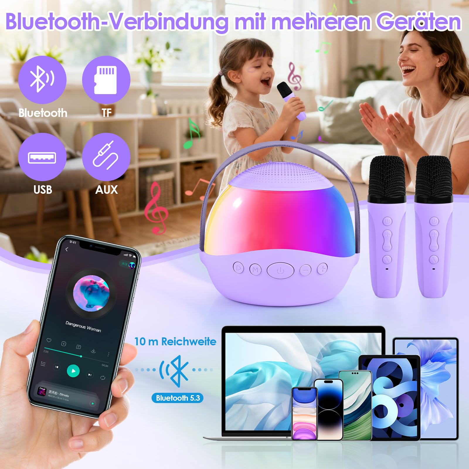 Karaoke Maschine Kinder mit 2 Karaoke Mikrofon Kinde Mini Tragbares Bluetooth Lautsprecher mit Stimme wechselnde Effekte & LED Lichteffektenfür Partei, Geschenke für Geburtstag, Weihnachten (Lila)