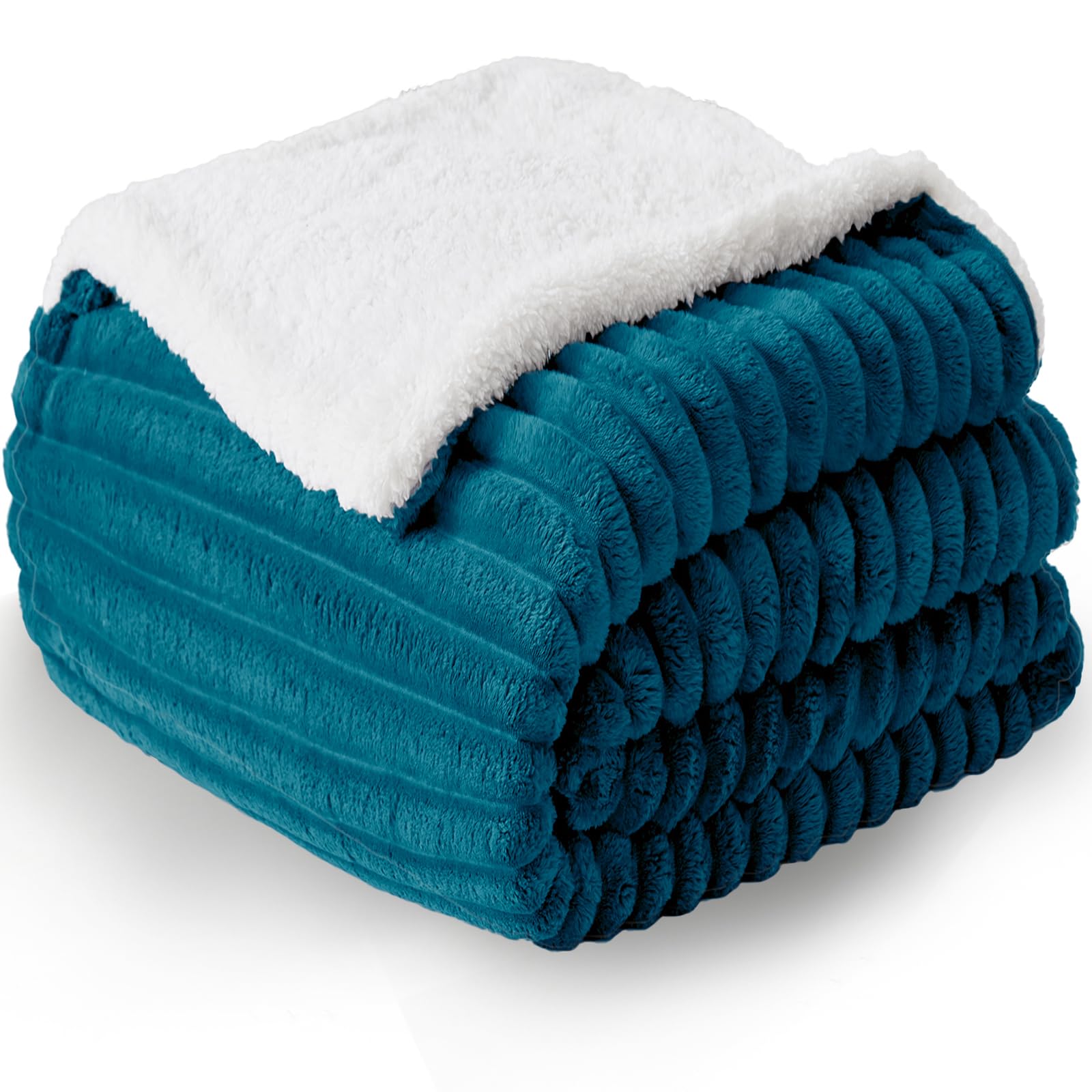 WAVVE Coperta Plaid Pile di Sherpa - Coperta a righe 220x240 cm, Turchese - Coperta Pelosa- Divano/Letto Matrimoniale King, Copridivano di Microfibra Calda e Morbida