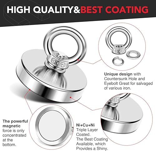 Miniatura 10 de DIYMAG Imanes de pesca de neodimio súper fuertes, 1000 libras (998.7lbs) de fuerza de tracción imán de tierras raras con agujero avellanado diámetro