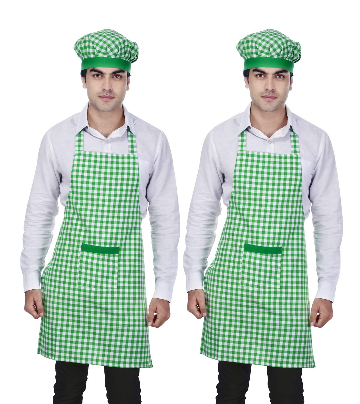 Checkered Cotton Kitchen Cooking Apron with Chef Hat – Pack of 2 | Multi-Purpose Chef & Waiter Apron for Men & Women | Home, Hotels, Restaurants & Cafés | Proudly Made in India