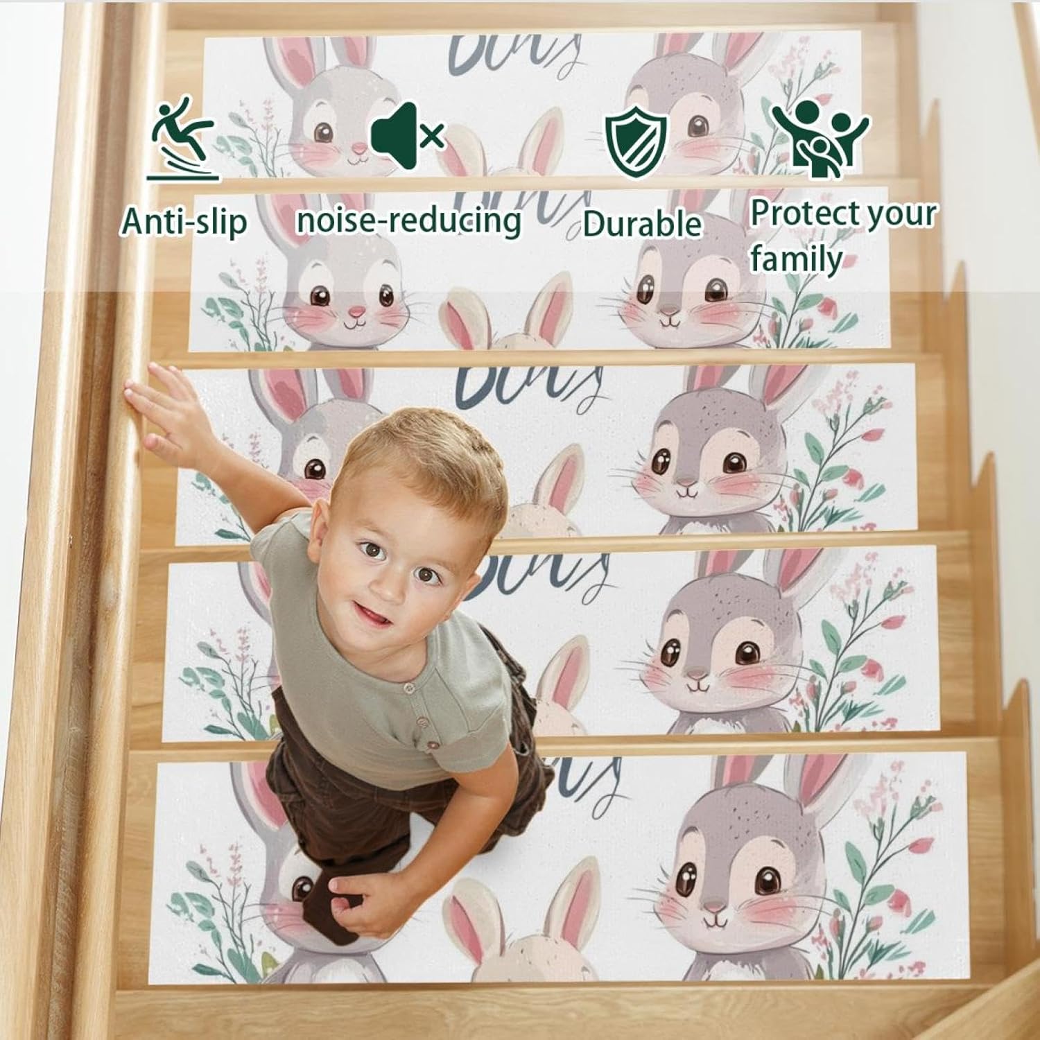 Bunnies with Flowers Carpet Stair Treads, Stair Treads for Wooden Steps Indoor, Stair Runner for Pets Non Skid Wood Staircase Step Treads Reusable, Set of 15