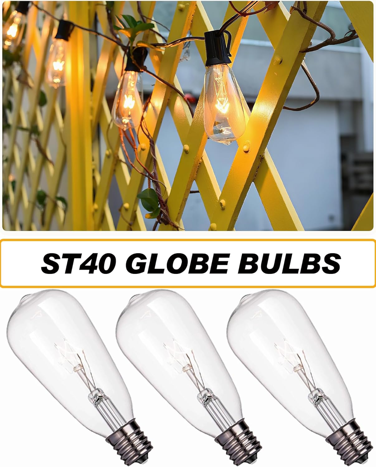 10-Pack ST40 Light Bulbs for Outdoor String Lights, Durable Glass & E17 Base, Dimmable 2200K Warm White, Safely Packaged Edison Bulbs for Patio, Bistro, Party
