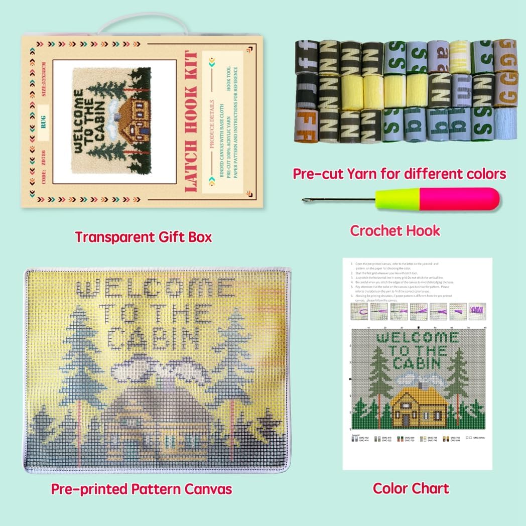DL-YTG Latch Hook Kits Rug Christmas Tree Crochet Yarn Cushion Colour Pre-Printed Canvas Cover Rug Needlework DIY Hook and Latch Kit Home Decoration 20 X15inch