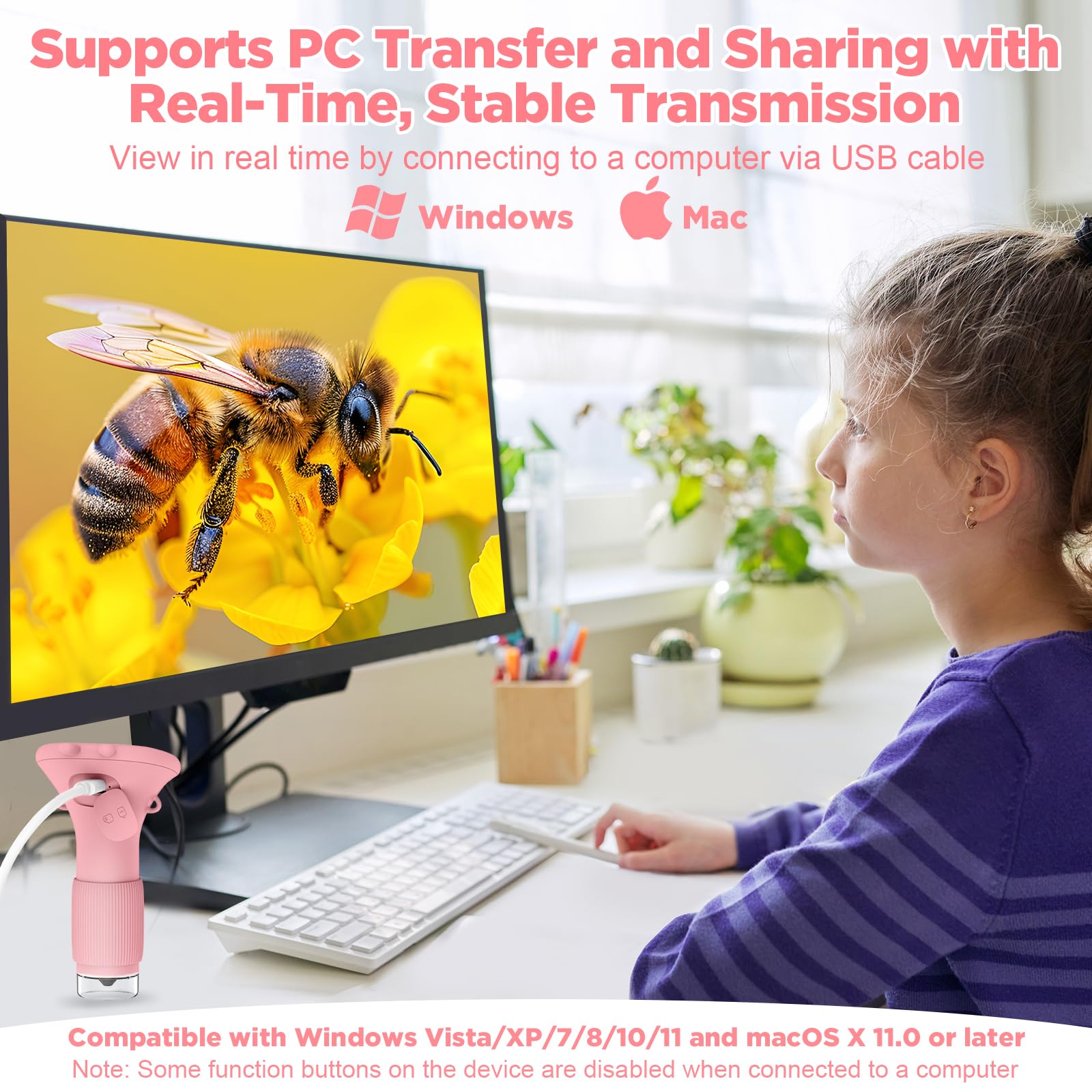 MAXLAPTER Microscopio Digitale Portatile per Bambini: 1000X Microscopio Tascabile con Schermo IPS da 2" e 8 Luci a LED Regolabili - Regalo di Compleanno per Ragazzi e Ragazze dai 3-12 Anni, Rosa