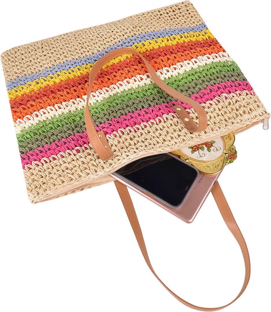 QZUnique Straw Rainbow Handbags Women’s Cotton Crochet Hand-Woven Tote Bag Top Handle Casual Shoulder Messenger Portable Bag